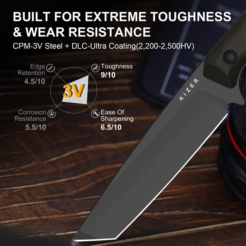 KIZER Begleiter Fix Fixed Blade Knife, 3.74" Tanto 3V Blade Hunting Knives with Kydex Sheath, Brown Richlite Handle EDC Knife for Camping Hunting Survival 1045MT1 - Image 3